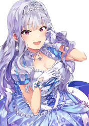 Rule 34 | 1girl, :d, absurdres, blue dress, breasts, cleavage, crown, dress, earrings, gloves, hair intakes, hand up, highres, idolmaster, idolmaster (classic), idolmaster million live!, idolmaster million live! theater days, jewelry, large breasts, light purple hair, looking at viewer, necklace, open mouth, pink eyes, pom pom (clothes), pom pom earrings, puffy short sleeves, puffy sleeves, shijou takane, short sleeves, simple background, smile, solo, tuxedo de cat, upper body, white background, white gloves