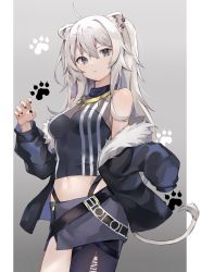 Rule 34 | 1girl, ahoge, animal ears, bare shoulders, black nails, blush, breasts, claw pose, cleavage, closed mouth, crop top, ear piercing, embarrassed, fingernails, fur-trimmed jacket, fur trim, grey eyes, hair between eyes, highleg, highres, hololive, jacket, jewelry, lion ears, lion girl, lion tail, long hair, looking at viewer, medium breasts, midriff, nail polish, navel, off-shoulder jacket, off shoulder, pantyhose, piercing, ryou (ponpgo), see-through, see-through cleavage, shishiro botan, shishiro botan (1st costume), sidelocks, silver hair, single leg pantyhose, skirt, sleeveless, solo, surprised, tail, torn clothes, torn pantyhose, virtual youtuber