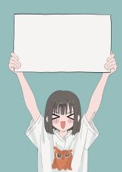 Rule 34 | arms up, blouse, blush, blush stickers, brown hair, closed eyes, green background, hamafugu, highres, holding, holding sign, open mouth, original, shirt, sign, simple background, smile, t-shirt, twitter username, upper body, white shirt