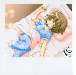 Rule 34 | 00s, bed, closed eyes, hidamari sketch, highres, lying, non-web source, pajamas, pillow, sleeping, solo, yuno (hidamari sketch)