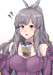 Rule 34 | 1girl, ?, ??, ameno (a meno0), bad id, bad twitter id, bare shoulders, blush, breasts, brown hair, bubble tea, bubble tea challenge, cleavage, cup, disposable cup, drinking straw, elbow gloves, fire emblem, fire emblem awakening, gloves, hair ornament, long hair, medium breasts, nintendo, open mouth, purple eyes, purple gloves, sidelocks, simple background, sleeveless, solo, sumia (fire emblem), upper body, white background, winged hair ornament