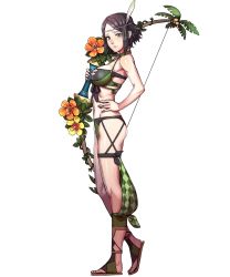 Rule 34 | 1girl, bikini, black hair, bow (weapon), breasts, closed mouth, feathers, fire emblem, fire emblem awakening, fire emblem heroes, flower, from side, full body, grey eyes, hair ornament, halterneck, hand on own hip, highres, holding, holding bow (weapon), holding weapon, kusakihara toshiyuki, large breasts, looking at viewer, nintendo, noire (fire emblem), non-web source, official art, parted bangs, shiny skin, short hair, sidelocks, solo, standing, swimsuit, thigh strap, thighs, toeless legwear, transparent background, weapon
