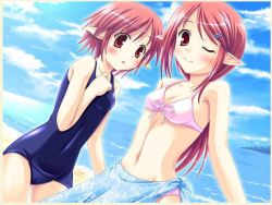 Rule 34 | 00s, 2girls, dungeon and fighter, hair ornament, hairclip, long hair, multiple girls, pink hair, pointy ears, red eyes, sarong, short hair, swimsuit, tagme