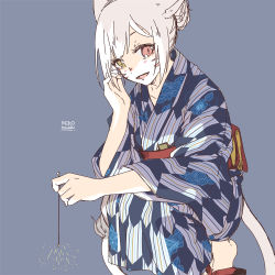 Rule 34 | 1girl, animal ears, blue background, cat ears, cat tail, facial mark, final fantasy, final fantasy xiv, fireworks, floral print, heterochromia, japanese clothes, kimono, lili mdoki, looking at viewer, miqo&#039;te, obi, open mouth, sash, short hair, signature, sketch, slit pupils, solo, sparkler, squatting, tail, whisker markings, white hair