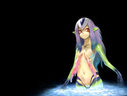 Rule 34 | 1girl, ao no roku-gou, black background, breasts, colored skin, cowboy shot, furry, furry female, long hair, monster girl, multicolored skin, mutio, oguchi, pointy ears, purple hair, pussy, red eyes, solo, standing, therianthrope, wading, water, white hair, yellow skin
