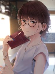 Rule 34 | 1girl, black-framed eyewear, blurry, blurry background, blush, book, bracelet, brown eyes, brown hair, earrings, glasses, highres, holding, holding book, indoors, jewelry, looking at viewer, mole, mole under eye, nail polish, necklace, original, parted lips, saitou (lynx-shrike), shirt, short hair, short sleeves, solo, white shirt, window