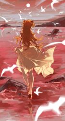 Rule 34 | 1girl, absurdres, artist name, cloud, dated, dress, facing away, from behind, full body, gradient sky, hairpods, high heels, highres, interface headset, kurage (nai chuanqi), lcl, long hair, mountainous horizon, neon genesis evangelion, orange hair, outdoors, red footwear, red sky, red theme, reflection, rock, signature, simple bird, skirt hold, sky, solo, souryuu asuka langley, sundress, two side up, walking, yellow dress