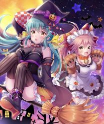 Rule 34 | 2girls, alternate costume, alternate hairstyle, animal ear fluff, animal ears, animal hands, apron, aqua hair, bare shoulders, bat (animal), bell, blush, breasts, broom, broom riding, cat paws, cleavage, collar, dragon girl, dragon horns, dress, enmaided, fate/grand order, fate (series), fox ears, fox girl, fox tail, full moon, gloves, halloween, hat, highres, horns, jingle bell, kiyohime (fate), large breasts, long hair, maid, maid apron, maid headdress, moon, multiple girls, multiple horns, neck bell, night, one eye closed, open mouth, outdoors, paw gloves, paw shoes, pink hair, ponytail, pumpkin, saint quartz (fate), shoes, suzumia (daydream), tail, tamamo (fate), tamamo cat (fate), tamamo cat (second ascension) (fate), twintails, witch, witch hat, yellow eyes