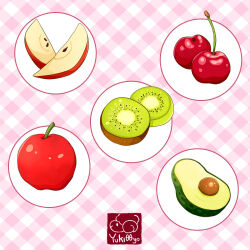 Rule 34 | apple, apple slice, artist logo, avocado, cherry, cherry stem, food, food focus, fruit, kiwi (fruit), kiwi slice, no humans, original, seed, yuki00yo