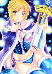 Rule 34 | 1girl, adapted costume, ahoge, artoria pendragon (all), artoria pendragon (fate), bikini, bikini bottom only, blonde hair, blue bikini, blue choker, blue cloak, blue gloves, blue thighhighs, blush, braid, breasts, choker, cleavage, cloak, commentary request, crop top, excalibur (fate/stay night), fate/stay night, fate (series), fur-trimmed bikini, fur-trimmed cloak, fur-trimmed gloves, fur-trimmed thighhighs, fur trim, gloves, green eyes, hachi78b, highres, holding, holding sword, holding weapon, looking at viewer, marker (medium), medium breasts, pom pom (clothes), saber (fate), side-tie bikini bottom, sitting, smile, solo, swimsuit, sword, thigh gap, thighhighs, traditional media, weapon