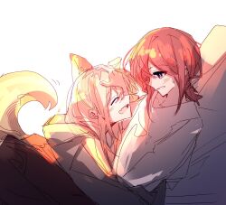 Rule 34 | 2girls, animal ears, blonde hair, blue eyes, blush, brown hair, closed eyes, commentary, fang, fox ears, fox girl, fox tail, girls band cry, grey hoodie, hashtag-only commentary, headpat, hibioes, highres, hood, hood down, hoodie, hug, iseri nina, kawaragi momoka, kemonomimi mode, long hair, long sleeves, low twintails, multicolored hair, multiple girls, open mouth, roots (hair), shirt, short hair, short twintails, simple background, tail, teeth, twintails, upper teeth only, white background, white shirt, yuri