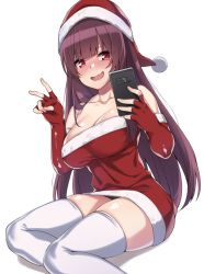 Rule 34 | 1girl, awkward, bare shoulders, black panties, blush, breasts, cellphone, cleavage, collarbone, dress, elbow gloves, fingerless gloves, fur-trimmed dress, fur trim, girls&#039; frontline, gloves, hat, highres, holding, holding phone, large breasts, long hair, looking at viewer, panties, phone, purple hair, red dress, red eyes, red gloves, santa hat, shiny skin, sidelocks, simple background, sitting, skindentation, smartphone, solo, spicy moo, strapless, strapless dress, thighhighs, thighs, underwear, v, very long hair, wa2000 (girls&#039; frontline), white background, white thighhighs, yokozuwari