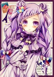 Rule 34 | 1girl, :&lt;, adapted costume, alternate hairstyle, blue ribbon, blush, braid, braided bangs, crescent, crescent hair ornament, double bun, eiffel tower, hair bun, hair ornament, hair ribbon, highres, key, lavender dress, long hair, long sleeves, looking at viewer, patchouli knowledge, purple eyes, purple hair, red ribbon, ribbon, solo, stamp, star (symbol), striped, touhou, tress ribbon, twin braids, ukita uuko, vertical stripes, very long hair