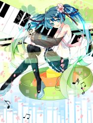 Rule 34 | 1girl, aqua eyes, aqua hair, bad id, bad pixiv id, detached sleeves, fei (songyijie), flower, hair flower, hair ornament, hairclip, hatsune miku, highres, long hair, musical note, navel, necktie, open mouth, piano keys, see-through, shoes, skirt, solo, songyijie, thighhighs, twintails, very long hair, vocaloid