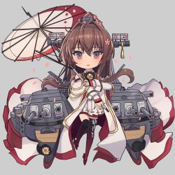 Rule 34 | 1girl, black thighhighs, brown eyes, brown hair, chibi, coat, full body, grey background, hair between eyes, highres, kantai collection, kasumi (skchkko), long coat, long hair, machinery, oil-paper umbrella, open clothes, open coat, pleated skirt, ponytail, rigging, simple background, skirt, smile, solo, thighhighs, turret, umbrella, very long hair, white coat, white skirt, yamato (kancolle), yamato kai ni (kancolle)