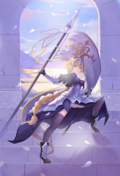 Rule 34 | 1girl, absurdres, armor, armored boots, armored dress, blonde hair, boots, braid, braided ponytail, breasts, chain, cloud, day, elbow gloves, fate/apocrypha, fate/grand order, fate (series), faulds, flag, flagpole, frown, gauntlets, gloves, hair ribbon, hand on sword, headpiece, high heel boots, high heels, highres, jeanne d&#039;arc (fate), jeanne d&#039;arc (ruler) (fate), large breasts, long hair, looking at viewer, petals, purple eyes, purple thighhighs, ribbon, solo, stairs, sword, thighhighs, very long hair, weapon, ysh (yysshh)