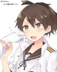 Rule 34 | 10s, 1girl, admiral (kancolle), bad id, bad twitter id, blush, borrowed clothes, brown eyes, brown hair, flying sweatdrops, gloves, hagino makoto, hair ribbon, hand on another&#039;s face, jacket, jacket on shoulders, kantai collection, military, military uniform, naval uniform, neckerchief, open mouth, ponytail, ribbon, sailor collar, school uniform, serafuku, shikinami (kancolle), simple background, sweat, uniform, upper body, white background, white gloves