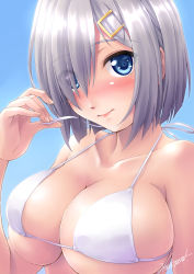 Rule 34 | 1girl, absurdres, bikini, blue eyes, blush, breasts, cleavage, eyes visible through hair, hair ornament, hair over one eye, hairclip, hamakaze (kancolle), highres, kagehara hanzou, kantai collection, large breasts, looking at viewer, md5 mismatch, micro bikini, resolution mismatch, short hair, silver hair, skindentation, solo, source smaller, strap gap, swimsuit, untying, upper body, white bikini
