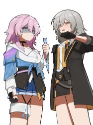 Rule 34 | 2girls, anger vein, angry, arrow (projectile), black gloves, black jacket, black skirt, blue eyes, blue skirt, clenched hand, closed mouth, commentary, disgust, flasso, gloves, grey hair, hair between eyes, highres, holding, holding arrow, honkai: star rail, honkai (series), jacket, long sleeves, looking at viewer, march 7th (honkai: star rail), multiple girls, off-shoulder shirt, off shoulder, open mouth, partially fingerless gloves, pleated skirt, purple hair, shaded face, shirt, sidelocks, simple background, skirt, stelle (honkai: star rail), sweatdrop, trailblazer (honkai: star rail), white background, white shirt