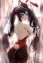Rule 34 | 1girl, animal ears, ass, backless leotard, bare shoulders, black hair, blush, breasts, curtains, fake animal ears, from behind, genshin impact, green eyes, hair ornament, half-closed eyes, highres, leotard, long hair, looking at viewer, looking back, mona (genshin impact), open mouth, pantyhose, parted lips, playboy bunny, rabbit ears, rabbit tail, shiny clothes, shiny skin, sideboob, solo, tail, twintails, very long hair, yeooudam