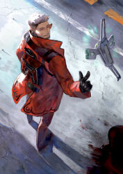 Rule 34 | 1boy, absurdres, apex legends, blood, brown eyes, crypto (apex legends), devil&#039;s advocate crypto, finger gun, flying, from above, grey hair, hack (apex legends), highres, jacket, kawaniwa, male focus, non-humanoid robot, official alternate costume, one eye closed, pants, parted lips, pool of blood, red footwear, red jacket, red pants, road, robot, shadow, shoes, smile, solo, walking