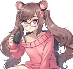 Rule 34 | 1girl, animal ears, brown hair, commentary, cup, glasses, holding, holding cup, korean commentary, mouse ears, off-shoulder sweater, off shoulder, original, pink sweater, pointy ears, sitting, skindentation, solo, sweater, tama (tamatamo), thighhighs, twintails, virtual youtuber, white background