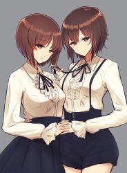 Rule 34 | 10s, 14sai bishoujo (shoutarou), 2girls, :o, alternate costume, black ribbon, black shorts, black skirt, blush, breasts, brown eyes, brown hair, buttons, center frills, closed mouth, cowboy shot, frills, girls und panzer, grey background, hand on another&#039;s back, head tilt, high-waist skirt, holding hands, interlocked fingers, long sleeves, looking at viewer, medium breasts, meme attire, multiple girls, nishizumi maho, nishizumi miho, parted lips, ribbon, shirt, short hair, shorts, siblings, simple background, sisters, skirt, smile, standing, suspenders, virgin killer outfit, white shirt, wing collar