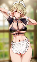 Rule 34 | 1girl, ;o, ahoge, apron, arms up, artist name, belt buckle, between breasts, bikini, black bikini, blonde hair, blurry, blurry background, blush, breasts, buckle, cleavage, cowboy shot, depth of field, detached sleeves, foxyreine, frilled apron, frilled sleeves, frills, highres, large breasts, looking at viewer, maid headdress, navel, neck garter, o-ring, one eye closed, original, parted lips, puffy short sleeves, puffy sleeves, red eyes, short hair, short sleeves, signature, solo, stomach, swimsuit, thigh gap, thong bikini, toned, underboob, underbust, waist apron, white apron