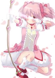 Rule 34 | absurdres, aiming, arrow (projectile), bow, bow (weapon), bubble skirt, choker, closed mouth, commentary request, energy arrow, frilled skirt, frilled socks, frills, gloves, hachusan111, hair bow, highres, kaname madoka, kneehighs, looking away, magical girl, mahou shoujo madoka magica, mahou shoujo madoka magica (anime), on one knee, pink hair, puffy short sleeves, puffy sleeves, red bow, red choker, red eyes, red footwear, serious, shoes, short hair, short sleeves, short twintails, simple background, skirt, socks, twintails, weapon, white background, white gloves, white socks
