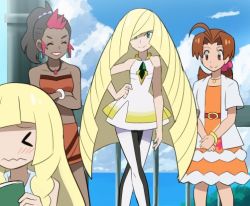Rule 34 | &gt; &lt;, 4girls, ahoge, blonde hair, blush, braid, brown hair, creatures (company), crossed arms, dark skin, dark-skinned female, delia ketchum, closed eyes, game freak, hair intakes, lillie (pokemon), long hair, lusamine (pokemon), mother and daughter, multicolored hair, multiple girls, nintendo, pokemoa, pokemon, pokemon (anime), pokemon sm (anime), ponytail, sima (pokemon), trait connection, twin braids, two-tone hair