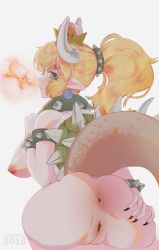 Rule 34 | anus, ass grab, black nails, blonde hair, blue eyes, bowsette, breasts, crown, dagmell, fire, from behind, highres, horns, large breasts, looking back, mario (series), nail polish, new super mario bros. u deluxe, nintendo, nipples, nude, pointy ears, ponytail, pussy, red hair, shell, tail, uncensored