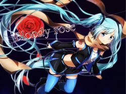 Rule 34 | bad id, bad pixiv id, bare shoulders, blue eyes, blue hair, detached sleeves, flower, hatsune miku, long hair, navel, red flower, red rose, rose, sakuragi ren, scarf, solo, sword, thighhighs, twintails, very long hair, vocaloid, weapon, zettai ryouiki