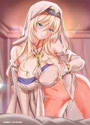 Rule 34 | 10s, 1girl, bare shoulders, blonde hair, blue eyes, blush, breasts, dress, goblin slayer!, grabbing own breast, habit, highres, jewelry, large breasts, long hair, navel, parted lips, pendant, pussy juice, saikawa yusa, solo, sword maiden, very long hair, white dress
