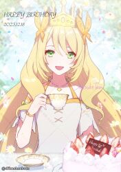 Rule 34 | 1girl, blonde hair, bow, butterfly hair ornament, cake, celine (fire emblem), crown, cup, dfhnokenbutu, dress, dress bow, fire emblem, fire emblem engage, food, green eyes, hair ornament, happy birthday, highres, holding, holding cup, looking at viewer, nintendo, open mouth, orange gemstone, orange wristband, princess, teacup, wrist bow, yellow dress