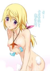 Rule 34 | 10s, 1girl, blonde hair, blush, breasts, charlotte dunois, cowboy shot, female pubic hair, hair ribbon, infinite stratos, jewelry, long hair, necklace, nipples, nude, ponytail, pubic hair, purple eyes, pussy, ribbon, robina, soap bubbles, solo, uncensored