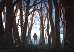Rule 34 | 1girl, animal, animal on shoulder, ashuijing, bare legs, bare tree, blue sky, brown hair, cloud, commentary, day, falling leaves, ferret, forest, from behind, full body, hands in pockets, hood, hood down, hoodie, leaf, medium hair, nature, orange shorts, original, red hood, red hoodie, shoes, short shorts, shorts, sky, sneakers, solo, symbol-only commentary, tree, wide shot, yellow footwear