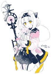 Rule 34 | 1girl, animal ears, arknights, black choker, black skirt, blush, braid, cat ears, cat girl, cat tail, choker, cropped legs, garter straps, goldenglow (arknights), hair over shoulder, hairband, highres, holding, holding staff, jacket, long hair, long sleeves, pink hair, pink jacket, simple background, single braid, skirt, solo, staff, tail, yellow eyes, yun (dust-i1)