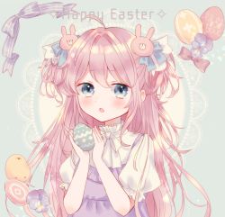 Rule 34 | 1girl, :o, ahoge, aqua background, azarashi6, bird, blue bow, blue eyes, blush, bow, chick, commentary, dress, easter, easter egg, egg, flower, food, hair bow, hair ornament, highres, holding, holding egg, holding food, lace background, light particles, long hair, neck ribbon, original, pinafore dress, pink bow, pink hair, puffy short sleeves, puffy sleeves, purple dress, purple flower, rabbit hair ornament, ribbon, shirt, short sleeves, sleeveless dress, solo, tareme, two side up, upper body, white ribbon, white shirt