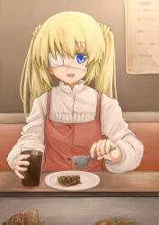 Rule 34 | 1girl, :d, absurdres, blonde hair, blue eyes, cake, cake slice, casual, cola, colored eyelashes, commentary request, cup, eyepatch, food, glasses, hair between eyes, highres, holding, holding cup, indoors, light blush, long hair, long sleeves, looking at viewer, nakatsu shizuru, nekubi0824, one eye covered, open mouth, overalls, pov, red overalls, restaurant, rewrite, shirt, smile, solo, straight-on, twintails, upper body, white shirt