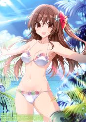 Rule 34 | 1girl, :d, absurdres, aomi maika, armpits, bare arms, bare shoulders, bikini, blue sky, breasts, brown eyes, brown hair, cleavage, cloud, collarbone, day, flower, hair between eyes, hair flower, hair ornament, hibiscus, highres, karory, light rays, long hair, looking at viewer, medium breasts, navel, one side up, open mouth, original, outdoors, outstretched arms, palm leaf, scan, sky, smile, solo, standing, star (symbol), star hair ornament, sunbeam, sunlight, swimsuit, water, white bikini