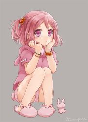 Rule 34 | 10s, 1girl, animal slippers, blush, bracelet, rabbit, bunny slippers, grey background, hair bobbles, hair ornament, head rest, hood, hoodie, jewelry, kantai collection, pantyhose, pigeon-toed, pink eyes, pink hair, sazanami (kancolle), short hair, side ponytail, slippers, solo, squatting, suzuka (rekkyo), twitter username