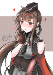 Rule 34 | 1girl, ahoge, arm up, blouse, blunt bangs, blush, braid, breasts, brown eyes, brown gloves, brown hair, cape, corset, cross, dated, dsr-50 (girls&#039; frontline), elbow gloves, garrison cap, girls&#039; frontline, gloves, hair ornament, hairclip, hat, heart, heart-shaped pupils, heart in eye, high collar, highres, index finger raised, large breasts, long hair, looking at viewer, mysteltainn, necktie, open mouth, pleated skirt, red eyes, shirt, sidelocks, signature, simple background, single elbow glove, skirt, sleeveless, sleeveless shirt, smile, solo, symbol-shaped pupils, symbol in eye, thighhighs