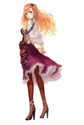 Rule 34 | 1girl, arms behind back, blouse, bow, bracelet, braid, brown eyes, brown pantyhose, crown braid, dress, frilled dress, frills, full body, gust, hair ornament, high heels, jewelry, lace, light brown hair, long hair, looking at viewer, looking back, lyuritis (yoru no nai kuni), official art, open mouth, own hands together, pantyhose, purple dress, ribbon, shirt, simple background, smile, solo, standing, white background, white shirt, yoru no nai kuni, yoshiku (oden-usagi)