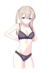 Rule 34 | 10s, 1girl, adjusting bra, adjusting clothes, bad id, bad pixiv id, blonde hair, bow, bow panties, bra, braid, breasts, cleavage, cnm, collarbone, cropped legs, dressing, expressionless, female focus, graf zeppelin (kancolle), kantai collection, lace, lace-trimmed bra, lace-trimmed panties, lace trim, long hair, medium breasts, navel, panties, purple bra, purple eyes, purple panties, sidelocks, simple background, solo, standing, twintails, underwear, underwear only, white background