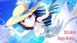Rule 34 | 1girl, a jet black magician (love live!), artist name, artist request, bare shoulders, beach, black hair, blue hair, blue sky, blush, bow, breasts, brown hat, cloud, collarbone, crescent, crescent necklace, dark blue hair, day, dress, dress bow, female focus, floating hair, grey eyes, hat, holding, holding clothes, holding hat, jewelry, long hair, looking at viewer, love live!, love live! nijigasaki high school idol club, love live! school idol festival, love live! school idol festival all stars, miniskirt, necklace, ocean, outdoors, parted lips, plaid, plaid dress, plaid skirt, pleated, pleated dress, pleated skirt, ponytail, side ponytail, skirt, sky, small breasts, smile, solo, sparkle, striped, striped bow, sundress, sunlight, white bow, white dress, white skirt, yuki setsuna (love live!)