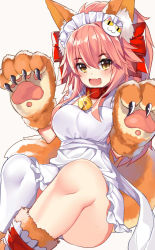 Rule 34 | 1girl, animal ears, animal hands, apron, bell, blush, breasts, collar, fate/grand order, fate (series), fox ears, fox tail, gendo0032, gendo0033, hair ribbon, large breasts, long hair, looking at viewer, maid apron, maid headdress, naked apron, neck bell, open mouth, pink hair, ribbon, simple background, single thighhigh, solo, tail, tamamo (fate), tamamo cat (fate), tamamo cat (third ascension) (fate), tamamo no mae (fate/extra), thighhighs, white background, yellow eyes