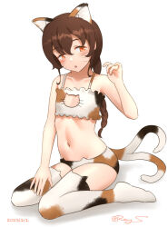 Rule 34 | 1girl, adapted costume, animal ear legwear, animal ears, bra, braid, brown hair, cat cutout, cat ear legwear, cat ear panties, cat ears, cat lingerie, cat tail, cleavage cutout, clothing cutout, flat chest, frilled bra, frills, kantai collection, long hair, meme attire, multicolored bra, multicolored clothes, multicolored legwear, multicolored panties, multiple tails, one-hour drawing challenge, orange eyes, panties, ray.s, simple background, single braid, sitting, solo, souya (kancolle), tail, thighhighs, two tails, underwear, underwear only, wariza, whiskers, white background