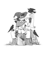 Rule 34 | 1girl, backpack, bag, bird, boots, braid, eunnieboo, full body, glasses, gloves, greyscale, hat, ink bottle, monochrome, original, paper, pen, pouch, sitting, smile, solo, spread legs, stump, tree stump, twin braids, witch hat