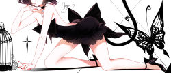 Rule 34 | 1girl, all fours, artist name, ass, bad id, bad pixiv id, bare arms, bare legs, bare shoulders, birdcage, black bow, black choker, black dress, black footwear, black hair, bow, bug, butterfly, cage, cat tail, chinese commentary, choker, collarbone, commentary request, crescent, crescent choker, dress, finger to mouth, hair between eyes, head out of frame, high heels, highres, insect, nail polish, original, red nails, shadow, sheya, short dress, short hair, simple background, solo, strapless, strapless dress, tail, thighs, white background
