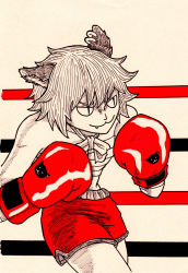 Rule 34 | 1girl, animal ears, bandages, boxing, boxing gloves, boxing ring, cat ears, cat girl, chen, earrings, fang, female focus, highres, jewelry, monochrome, red theme, sarashi, short hair, shorts, solo, touhou, tres-iques